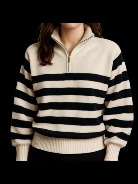 J. Crew Sweaters - J.Crew Cream & Black Striped Quarter-Zip Sweater | Size XS